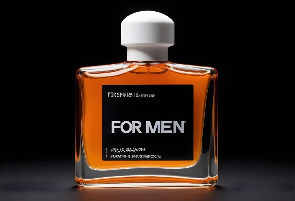An Orange Perfume Bottle With White Cap And The Words For Men In A Black Background 4 5e65