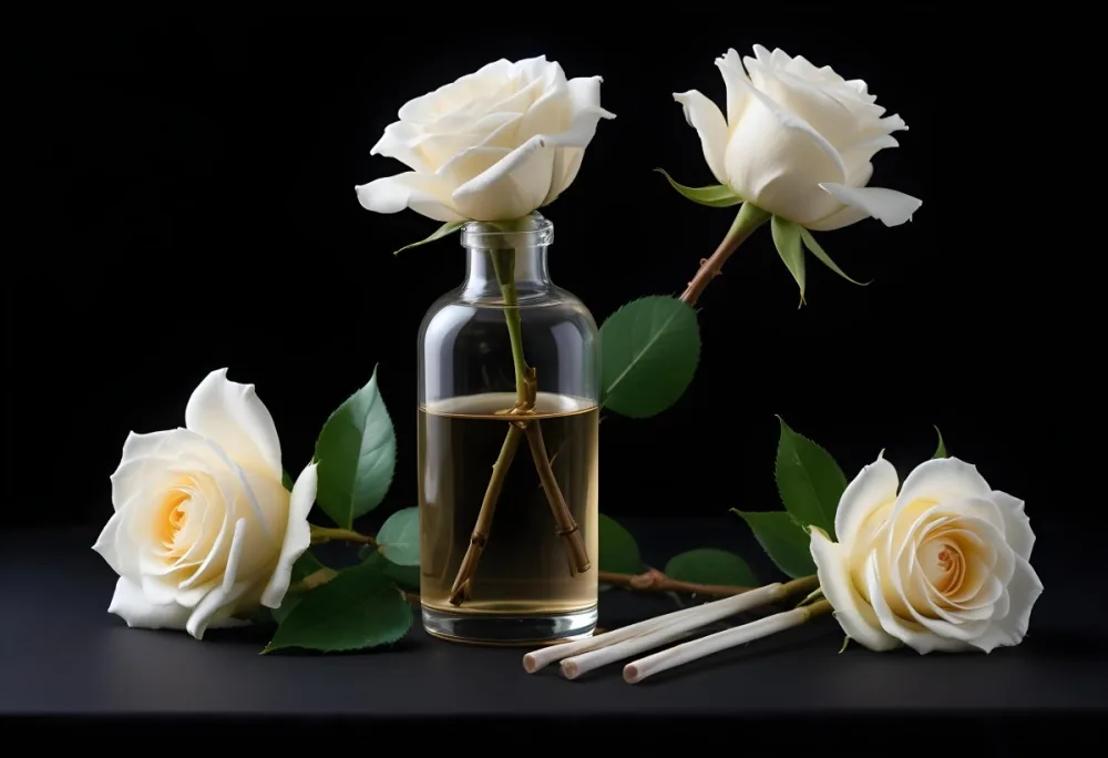 Aromatic Essence In A White Glass Bottle With Glass Sticks Surrounded By Three White Roses On A Black Background 2 75d5