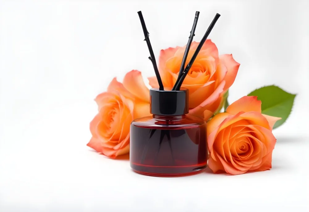 Aromatic Essence In A White Glass Bottle With Glass Sticks Surrounded By Three White Roses On A Black Background 43 1475