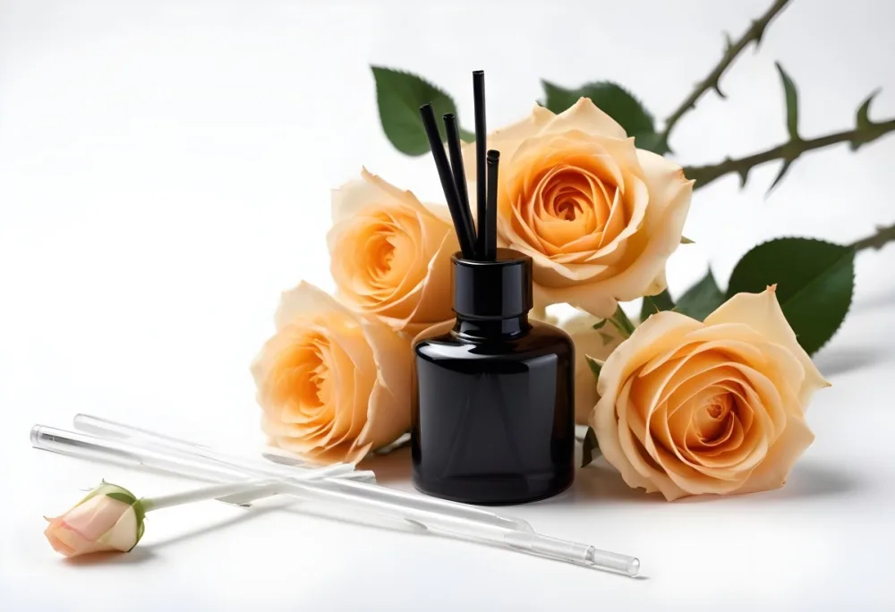 Aromatic Essence In A White Glass Bottle With Glass Sticks Surrounded By Three White Roses On A Black Background 48 E682