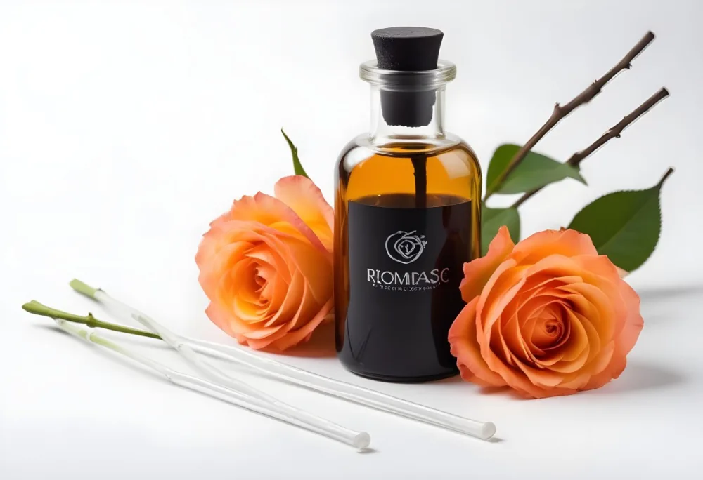 Aromatic Essence In A White Glass Bottle With Glass Sticks Surrounded By Three White Roses On A Black Background 55 9f23