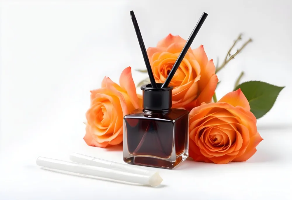 Aromatic Essence In A White Glass Bottle With Glass Sticks Surrounded By Three White Roses On A Black Background 68 Ca0e