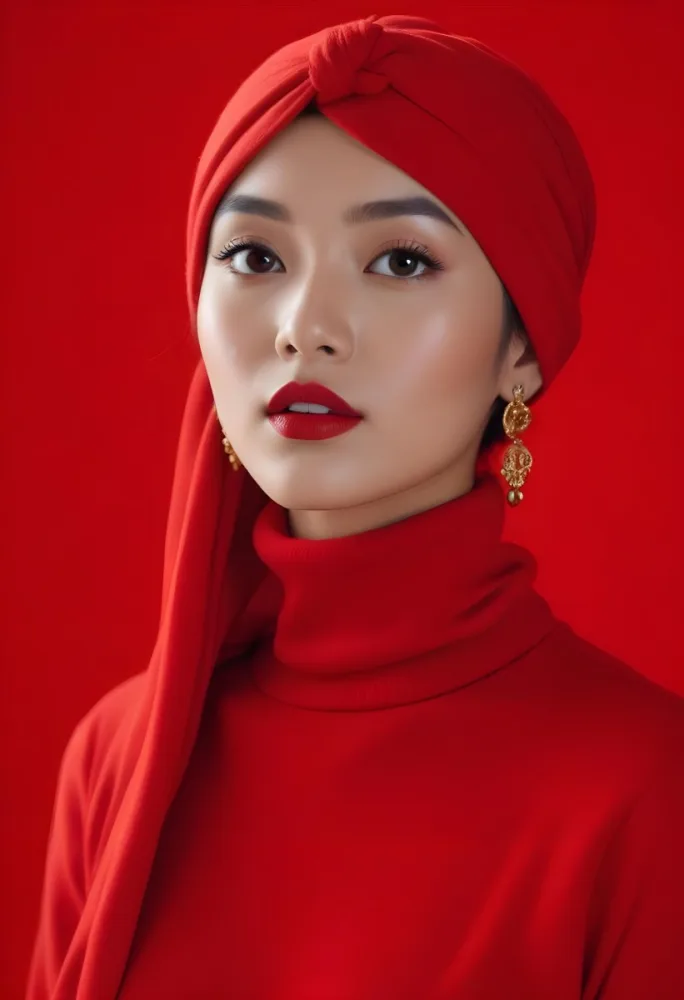 Asian Woman 23 Years Old Red Lipstick Red Turban Red Turtleneck Sweater Gold Earrings Studio Lighting Red Background Fashion Photography Symmetrical Face High Resolution 1 5b4d