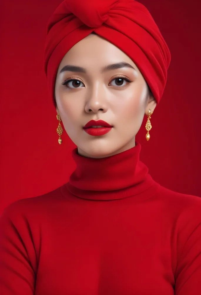 Asian Woman 23 Years Old Red Lipstick Red Turban Red Turtleneck Sweater Gold Earrings Studio Lighting Red Background Fashion Photography Symmetrical Face High Resolution 10 C92a