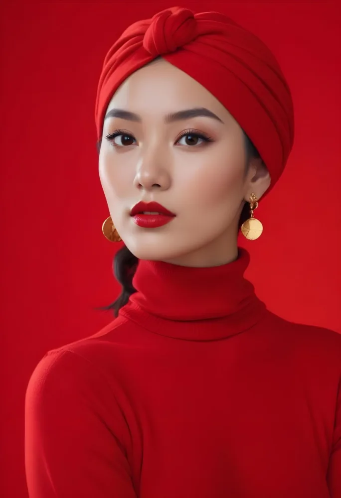Asian Woman 23 Years Old Red Lipstick Red Turban Red Turtleneck Sweater Gold Earrings Studio Lighting Red Background Fashion Photography Symmetrical Face High Resolution 14 Dfbb