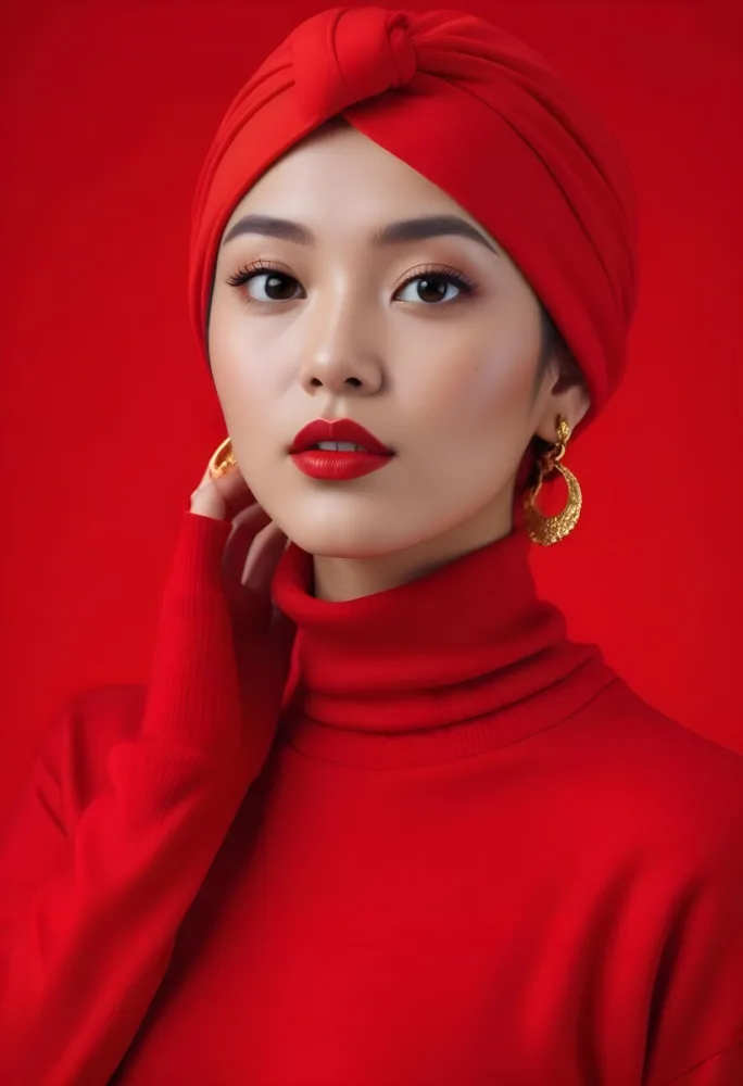 Asian Woman 23 Years Old Red Lipstick Red Turban Red Turtleneck Sweater Gold Earrings Studio Lighting Red Background Fashion Photography Symmetrical Face High Resolution 17 9f25