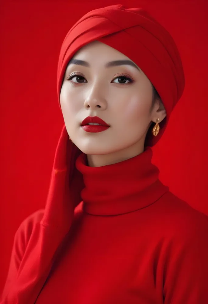 Asian Woman 23 Years Old Red Lipstick Red Turban Red Turtleneck Sweater Gold Earrings Studio Lighting Red Background Fashion Photography Symmetrical Face High Resolution 19 F828