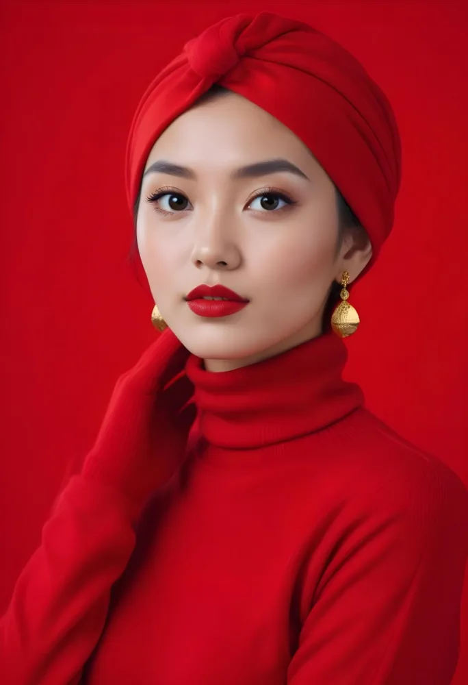 Asian Woman 23 Years Old Red Lipstick Red Turban Red Turtleneck Sweater Gold Earrings Studio Lighting Red Background Fashion Photography Symmetrical Face High Resolution 22 A648