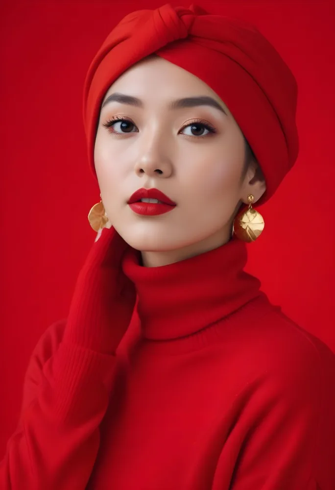 Asian Woman 23 Years Old Red Lipstick Red Turban Red Turtleneck Sweater Gold Earrings Studio Lighting Red Background Fashion Photography Symmetrical Face High Resolution 23 B4a3