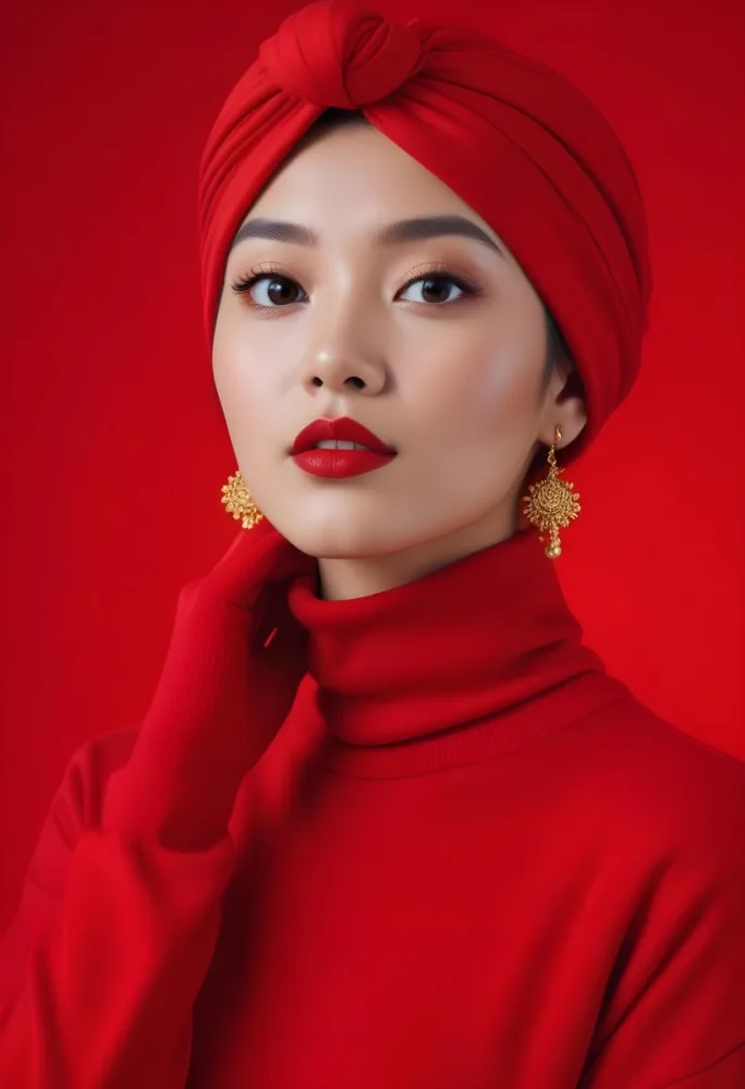Asian Woman 23 Years Old Red Lipstick Red Turban Red Turtleneck Sweater Gold Earrings Studio Lighting Red Background Fashion Photography Symmetrical Face High Resolution 24 A8b4