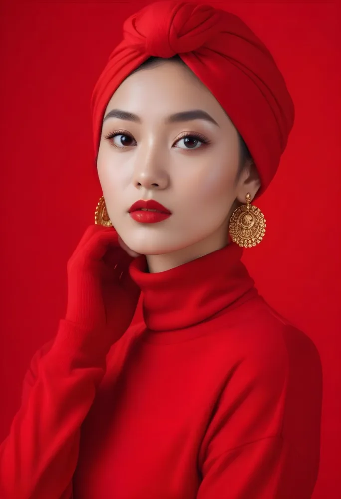 Asian Woman 23 Years Old Red Lipstick Red Turban Red Turtleneck Sweater Gold Earrings Studio Lighting Red Background Fashion Photography Symmetrical Face High Resolution 25 9464