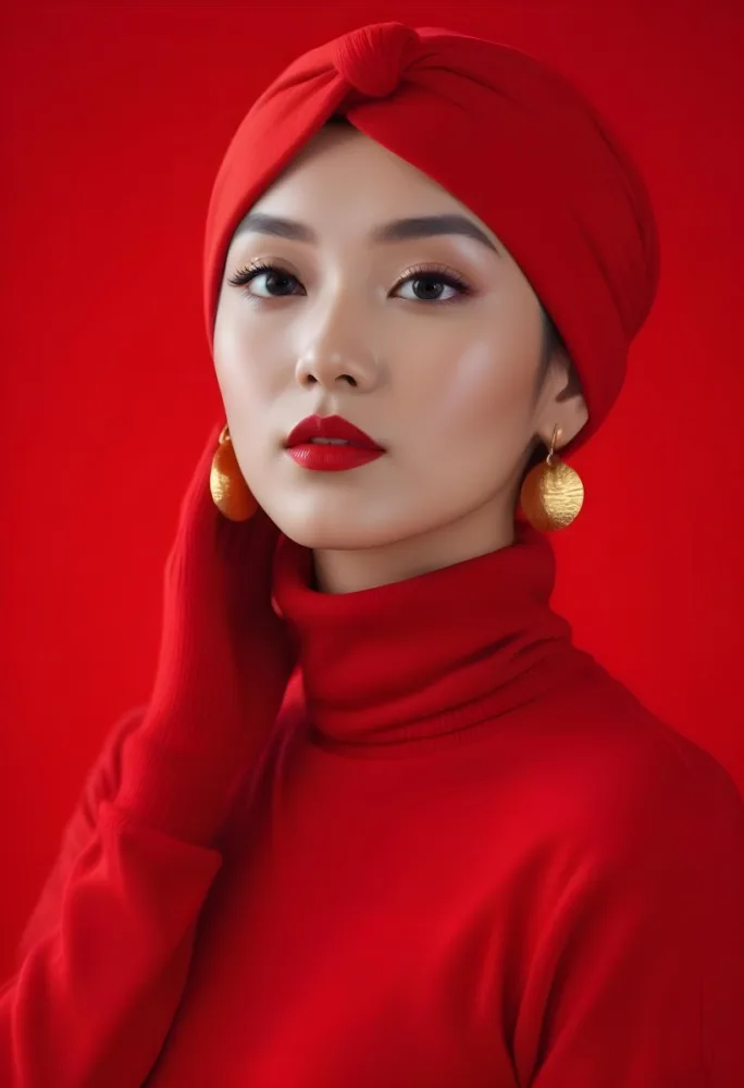 Asian Woman 23 Years Old Red Lipstick Red Turban Red Turtleneck Sweater Gold Earrings Studio Lighting Red Background Fashion Photography Symmetrical Face High Resolution 27 A7c1