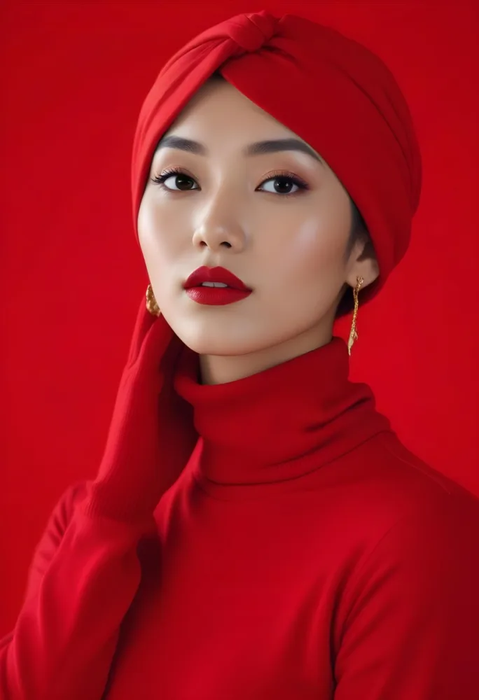 Asian Woman 23 Years Old Red Lipstick Red Turban Red Turtleneck Sweater Gold Earrings Studio Lighting Red Background Fashion Photography Symmetrical Face High Resolution 4 Ab31