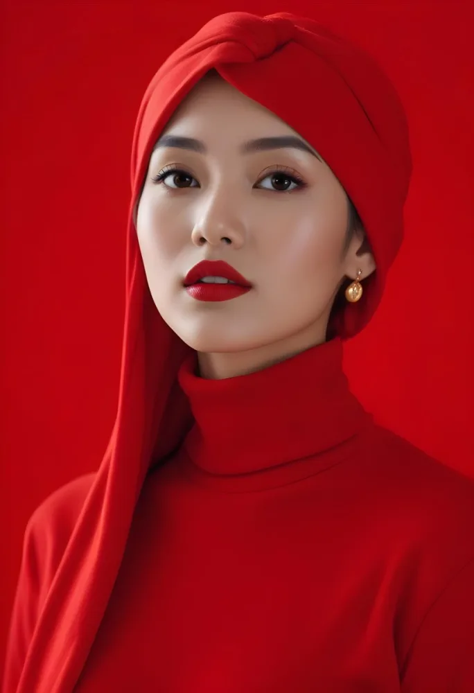 Asian Woman 23 Years Old Red Lipstick Red Turban Red Turtleneck Sweater Gold Earrings Studio Lighting Red Background Fashion Photography Symmetrical Face High Resolution 5 C340