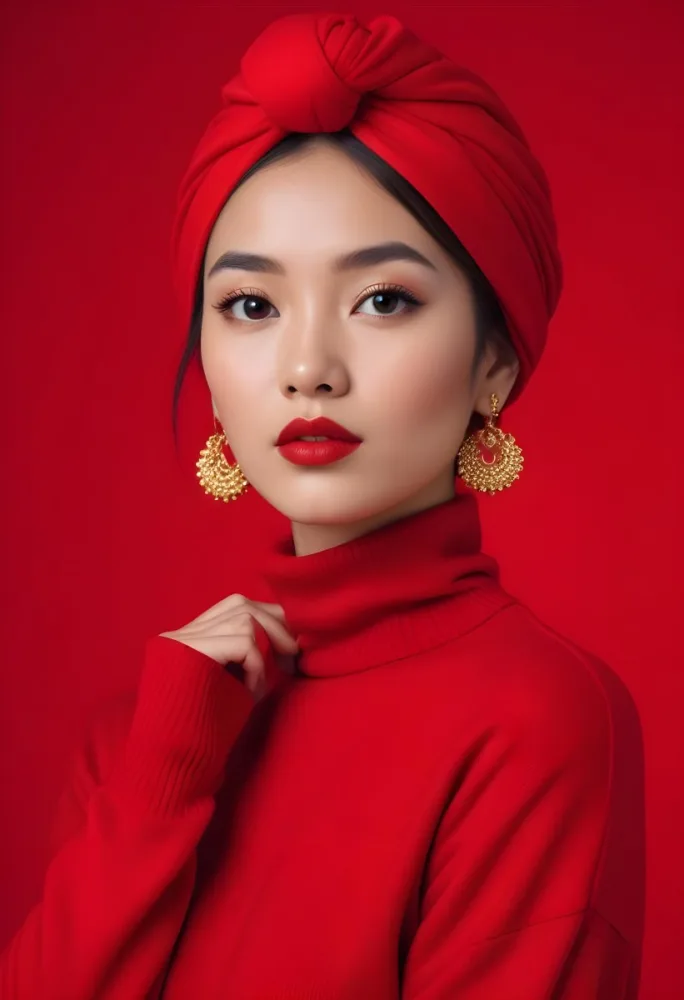 Asian Woman 23 Years Old Red Lipstick Red Turban Red Turtleneck Sweater Gold Earrings Studio Lighting Red Background Fashion Photography Symmetrical Face High Resolution 8 8086