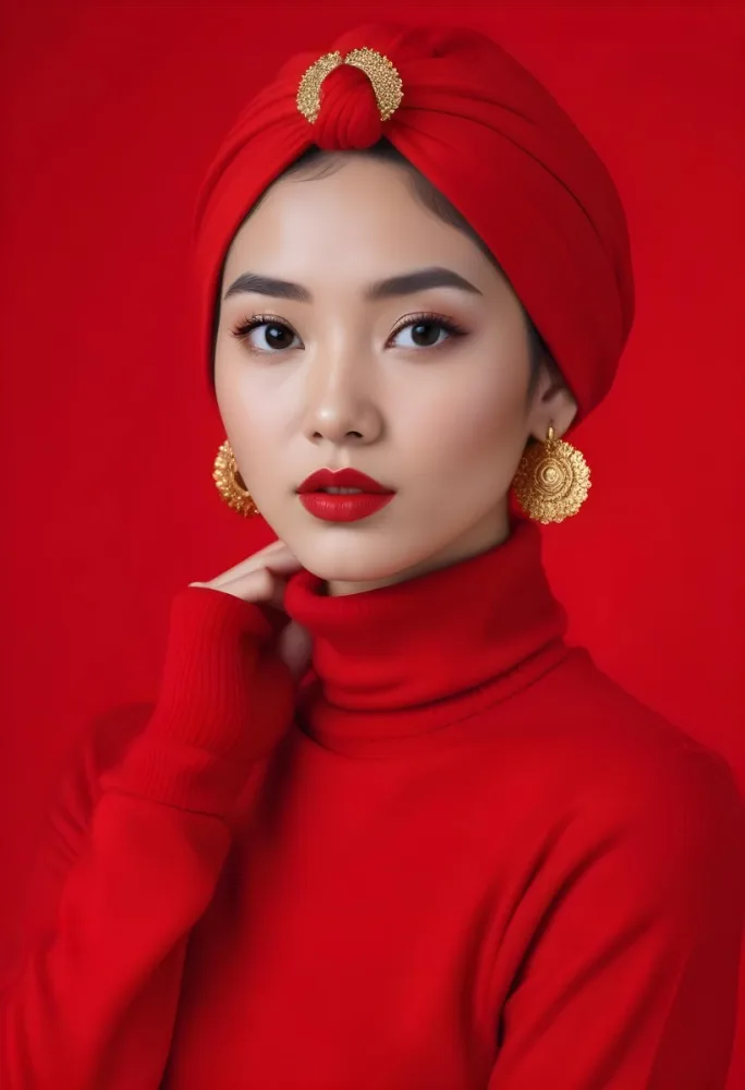 Asian Woman 23 Years Old Red Lipstick Red Turban Red Turtleneck Sweater Gold Earrings Studio Lighting Red Background Fashion Photography Symmetrical Face High Resolution 9 21f7