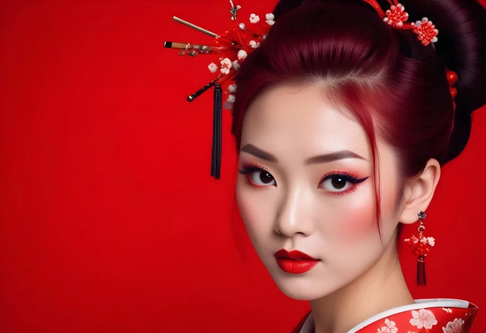 Asian Woman 25 Years Old Red Hair With A Geisha Hairstyle Red Makeup Red Background 27 1fa7