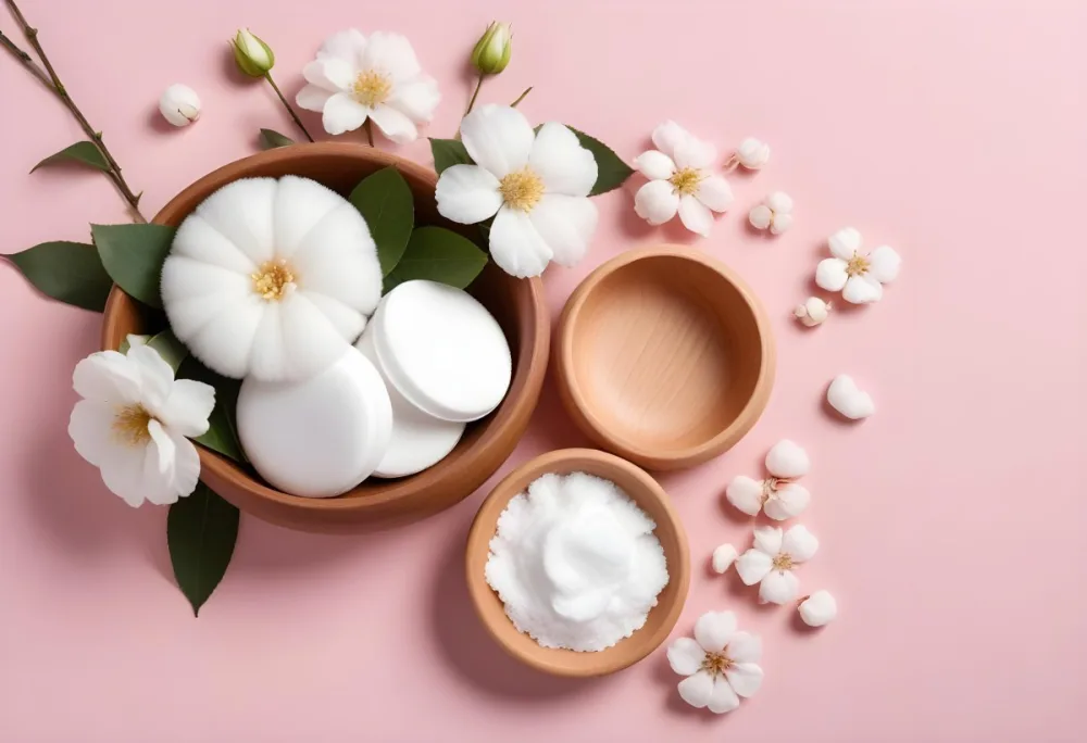 Assorted Beauty And Spa Products Including Cotton Pads Wooden Bowl And White Flowers On A Pink Background 16 0b16
