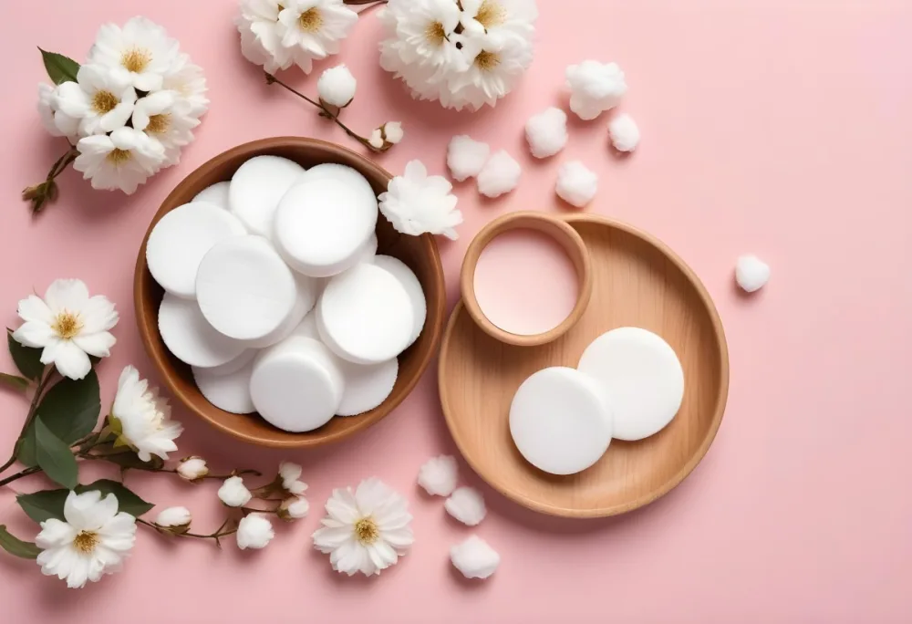 Assorted Beauty And Spa Products Including Cotton Pads Wooden Bowl And White Flowers On A Pink Background 18 Dde4