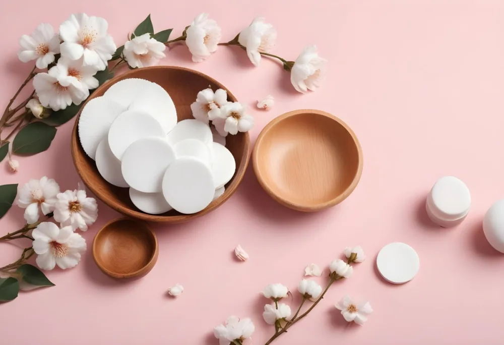 Assorted Beauty And Spa Products Including Cotton Pads Wooden Bowl And White Flowers On A Pink Background 2 1adb