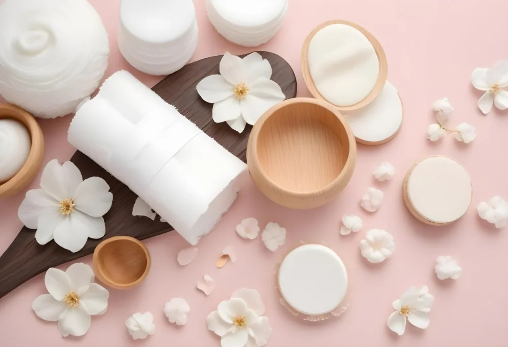 Assorted Beauty And Spa Products Including Cotton Pads Wooden Bowl And White Flowers On A Pink Background 28 Fb8d