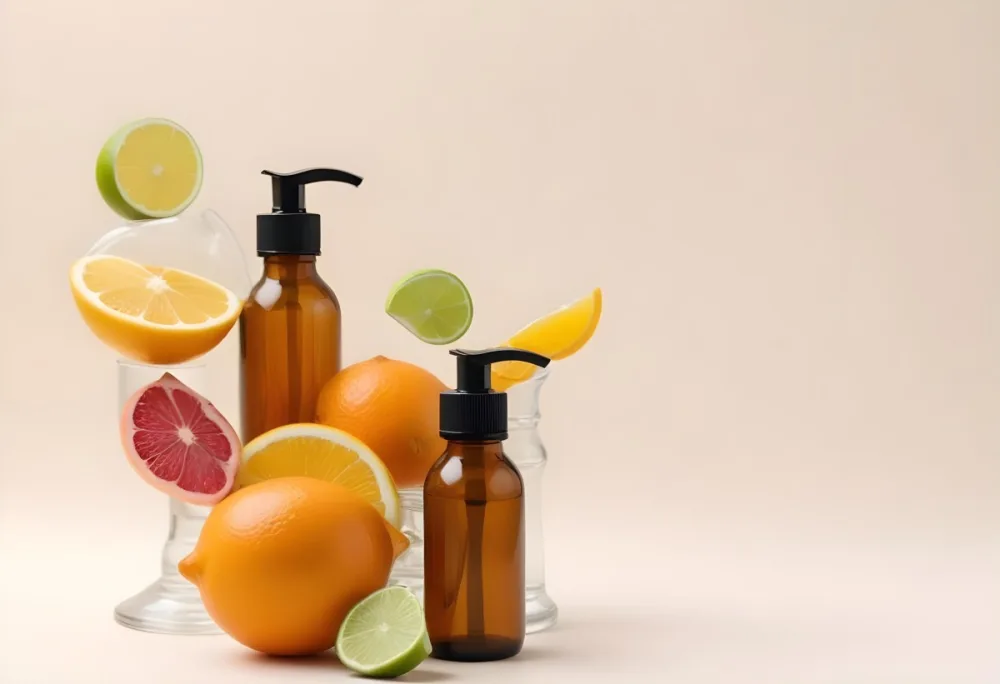 Assorted Citrus Fruits Including Lemons Limes And Oranges Along With Two Amber Glass Bottles With Pump Dispensers Likely Containing Skincare Or Beauty Products 1 3370