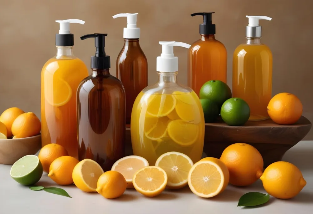 Assorted Citrus Fruits Including Lemons Limes And Oranges Along With Two Amber Glass Bottles With Pump Dispensers Likely Containing Skincare Or Beauty Products 10