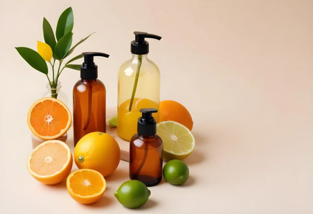 Assorted Citrus Fruits Including Lemons Limes And Oranges Along With Two Amber Glass Bottles With Pump Dispensers Likely Containing Skincare Or Beauty Products 14 5aec