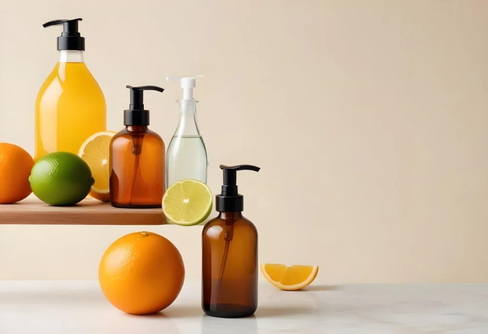 Assorted Citrus Fruits Including Lemons Limes And Oranges Along With Two Amber Glass Bottles With Pump Dispensers Likely Containing Skincare Or Beauty Products 20 466c