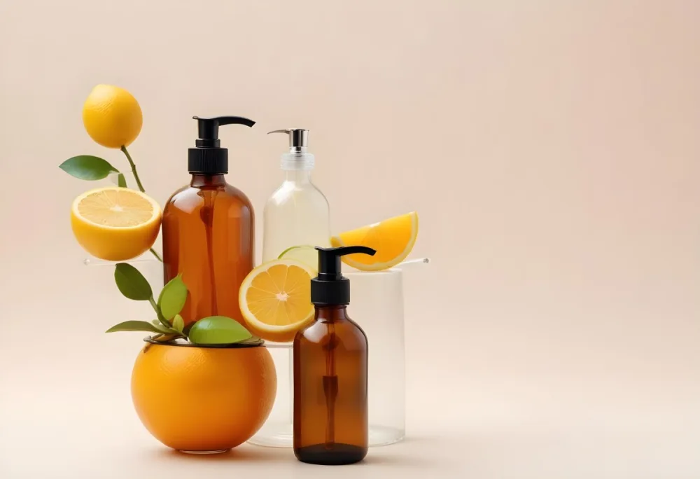 Assorted Citrus Fruits Including Lemons Limes And Oranges Along With Two Amber Glass Bottles With Pump Dispensers Likely Containing Skincare Or Beauty Products 32