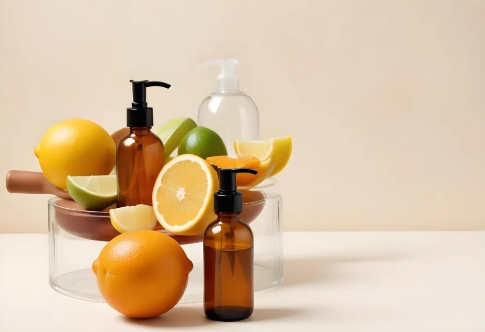 Assorted Citrus Fruits Including Lemons Limes And Oranges Along With Two Amber Glass Bottles With Pump Dispensers Likely Containing Skincare Or Beauty Products 33