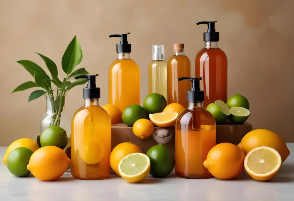 Assorted Citrus Fruits Including Lemons Limes And Oranges Along With Two Amber Glass Bottles With Pump Dispensers Likely Containing Skincare Or Beauty Products 5