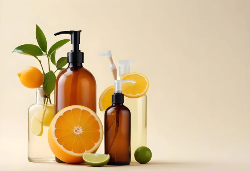 Assorted Citrus Fruits Including Lemons Limes And Oranges Along With Two Amber Glass Bottles With Pump Dispensers Likely Containing Skincare Or Beauty Products 8