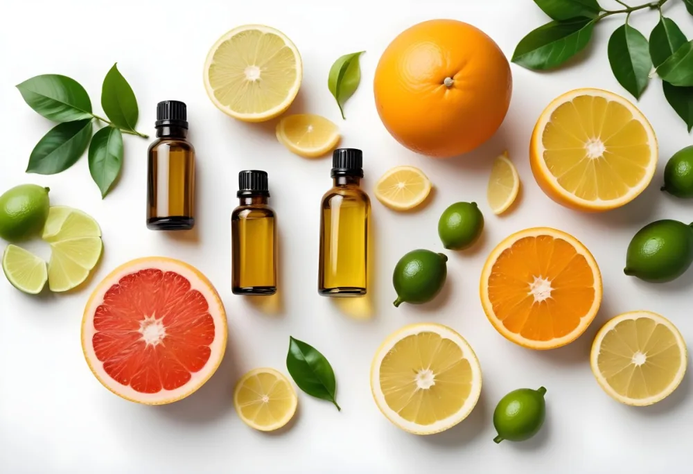 Assorted Citrus Fruits Including Limes Lemons Oranges And Grapefruits Along With A Bottle Of Essential Oil Arranged On A White Background 17 9ab5