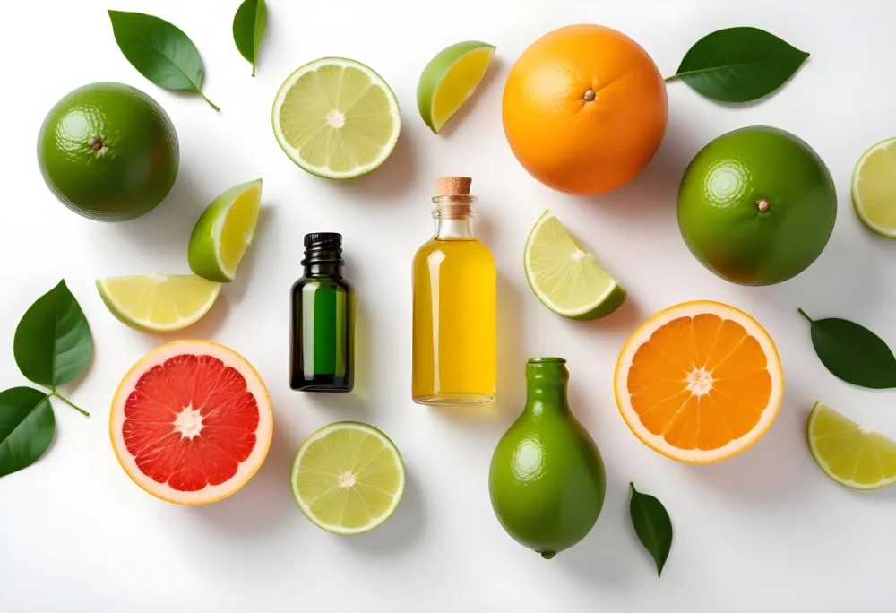 Assorted Citrus Fruits Including Limes Lemons Oranges And Grapefruits Along With A Bottle Of Essential Oil Arranged On A White Background 6 3d53