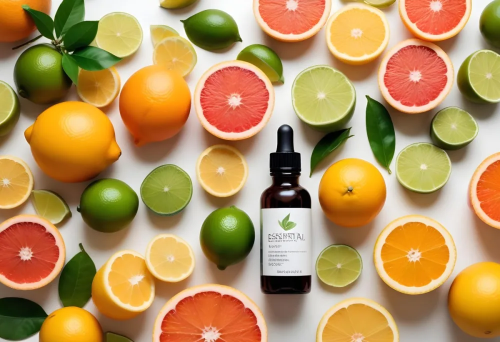 Assorted Citrus Fruits Including Limes Lemons Oranges And Grapefruits Along With A Bottle Of Essential Oil Arranged On A White Background 7 Fb98