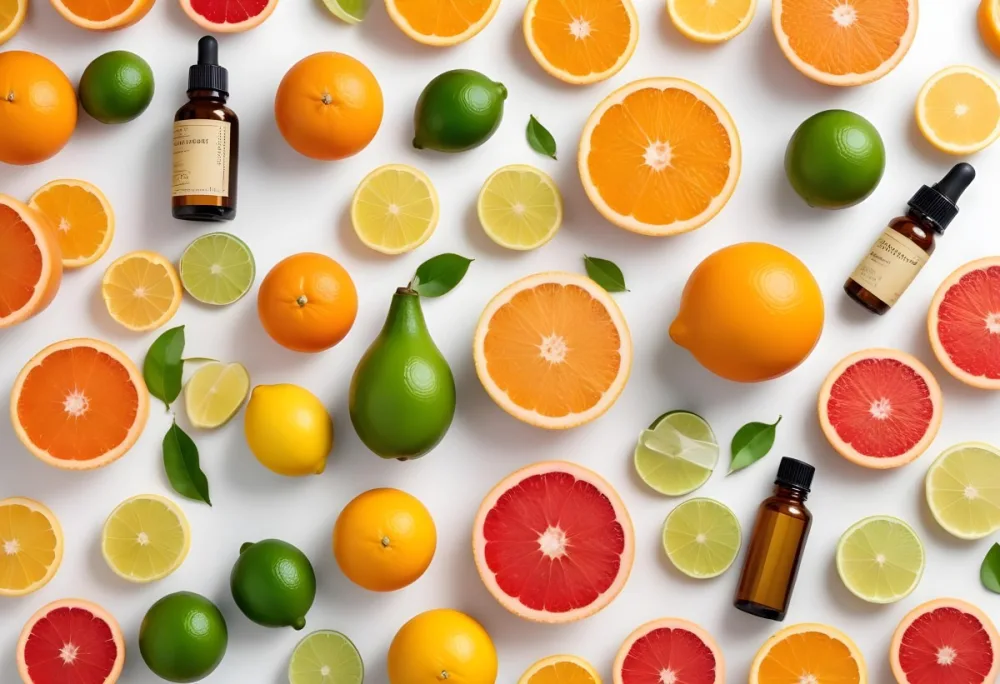 Assorted Citrus Fruits Including Limes Lemons Oranges And Grapefruits Along With A Bottle Of Essential Oil Arranged On A White Background 8 1102