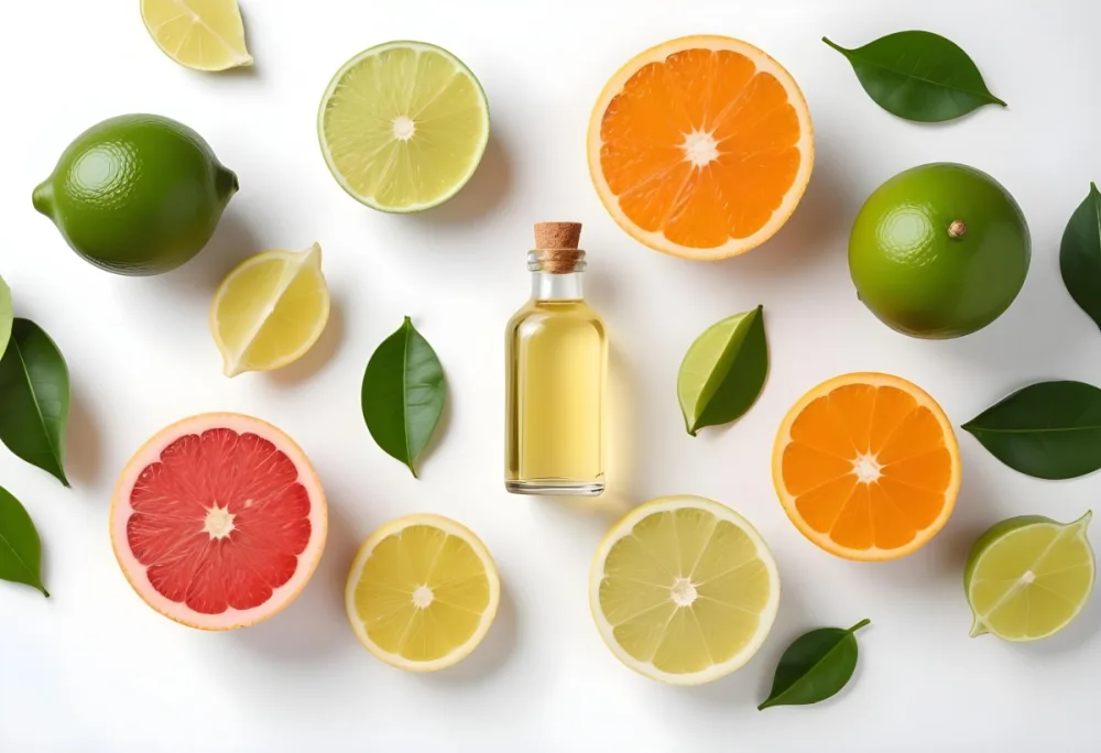 Assorted Citrus Fruits Including Limes Lemons Oranges And Grapefruits Along With A Bottle Of Essential Oil Arranged On A White Background 9 A189