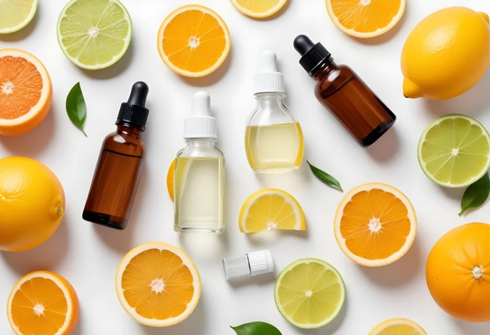 Assorted Citrus Fruits Including Orange Lemon And Lime Slices Along With Glass Bottles Of Essential Oils Or Serums On A White Background 10 1360