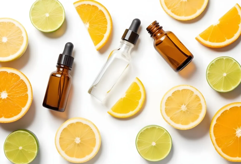 Assorted Citrus Fruits Including Orange Lemon And Lime Slices Along With Glass Bottles Of Essential Oils Or Serums On A White Background 15 80b7