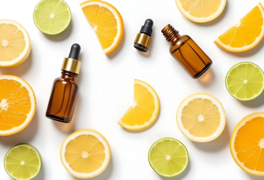 Assorted Citrus Fruits Including Orange Lemon And Lime Slices Along With Glass Bottles Of Essential Oils Or Serums On A White Background 18 448a