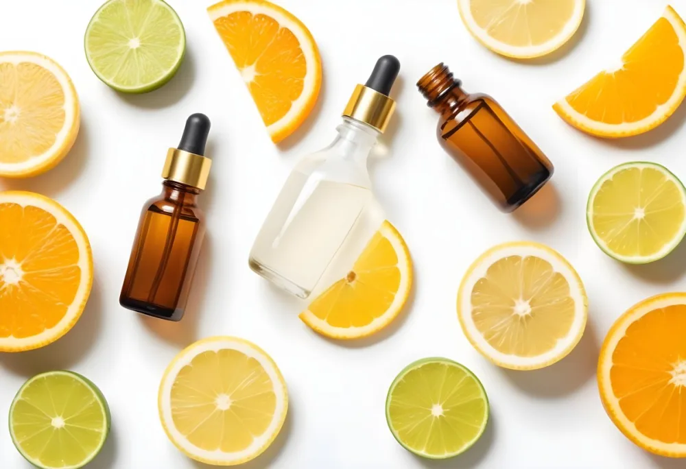 Assorted Citrus Fruits Including Orange Lemon And Lime Slices Along With Glass Bottles Of Essential Oils Or Serums On A White Background 19 66bc