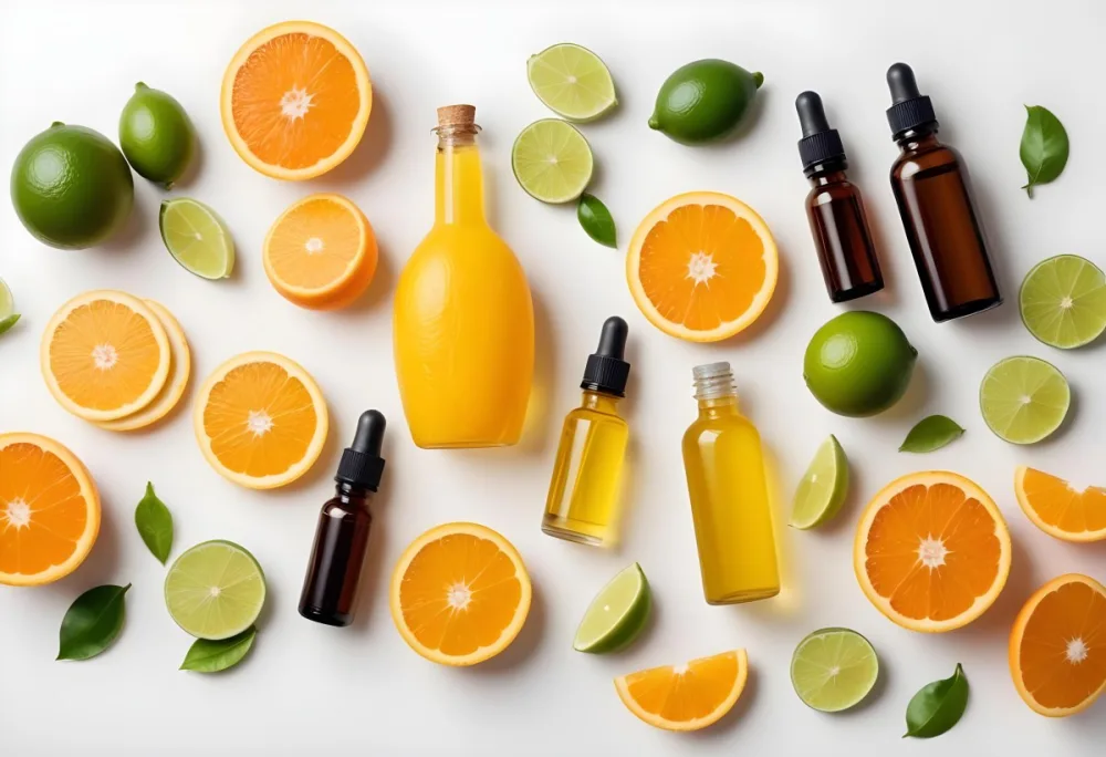 Assorted Citrus Fruits Including Orange Lemon And Lime Slices Along With Glass Bottles Of Essential Oils Or Serums On A White Background 2