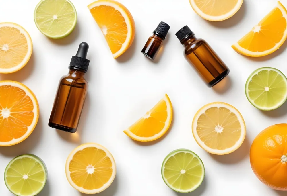 Assorted Citrus Fruits Including Orange Lemon And Lime Slices Along With Glass Bottles Of Essential Oils Or Serums On A White Background 22 583e