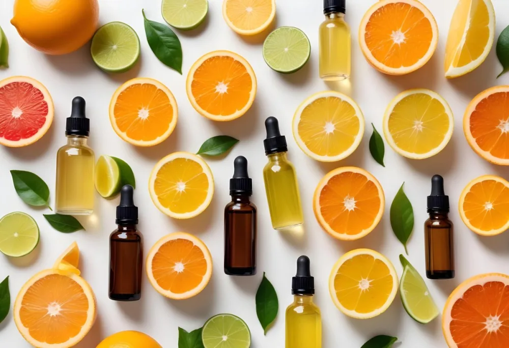 Assorted Citrus Fruits Including Orange Lemon And Lime Slices Along With Glass Bottles Of Essential Oils Or Serums On A White Background 4