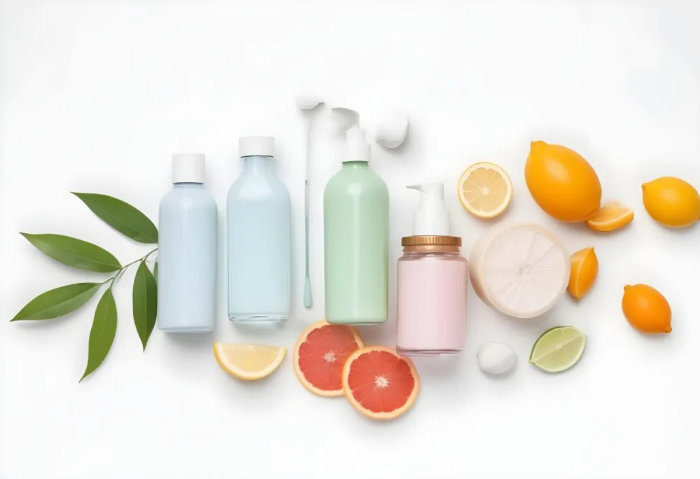 Assortment Of Cosmetic And Skincare Products Including Bottles Jars And Slices Of Citrus Fruits On A White Background 11 A58d
