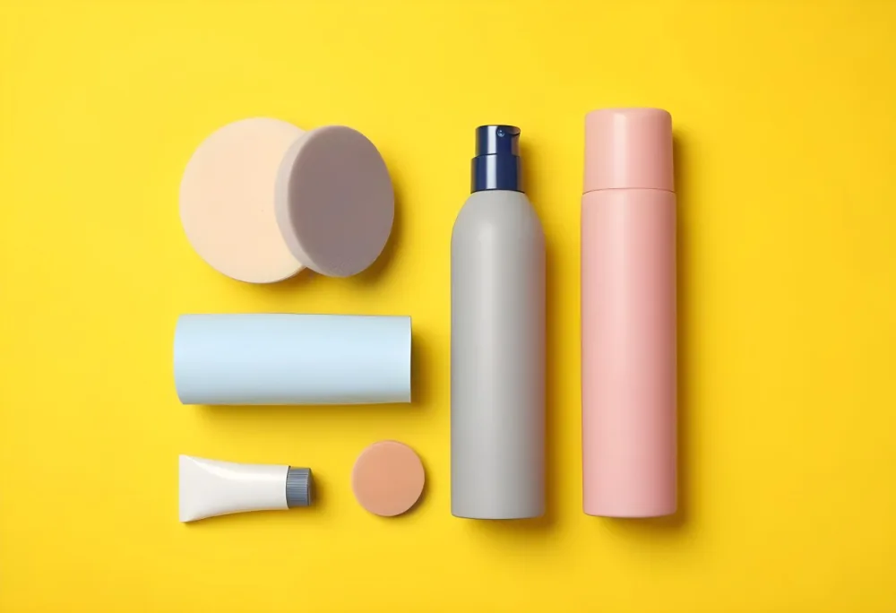Assortment Of Cosmetic Products Including A Bottle Deodorant Makeup Sponge And Other Beauty Items On A Yellow Background 14 40ca