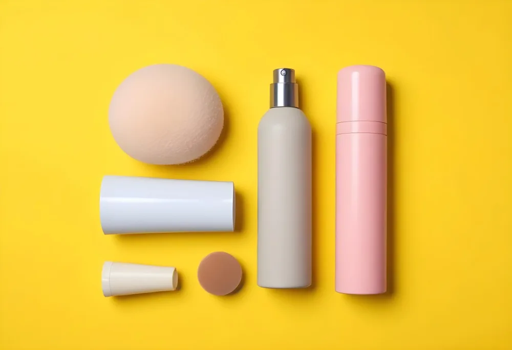 Assortment Of Cosmetic Products Including A Bottle Deodorant Makeup Sponge And Other Beauty Items On A Yellow Background 9 12a2