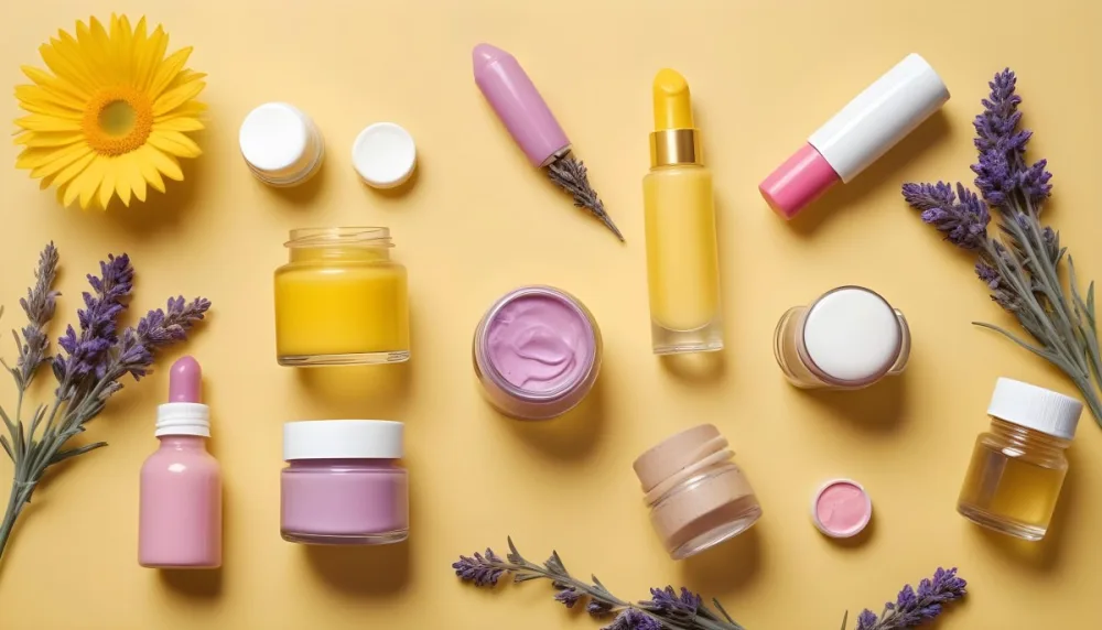 Assortment Of Natural Skincare And Beauty Products Including A Pink Lipstick Lavender Flowers And Various Jars And Bottles On A Yellow Background 7 D762