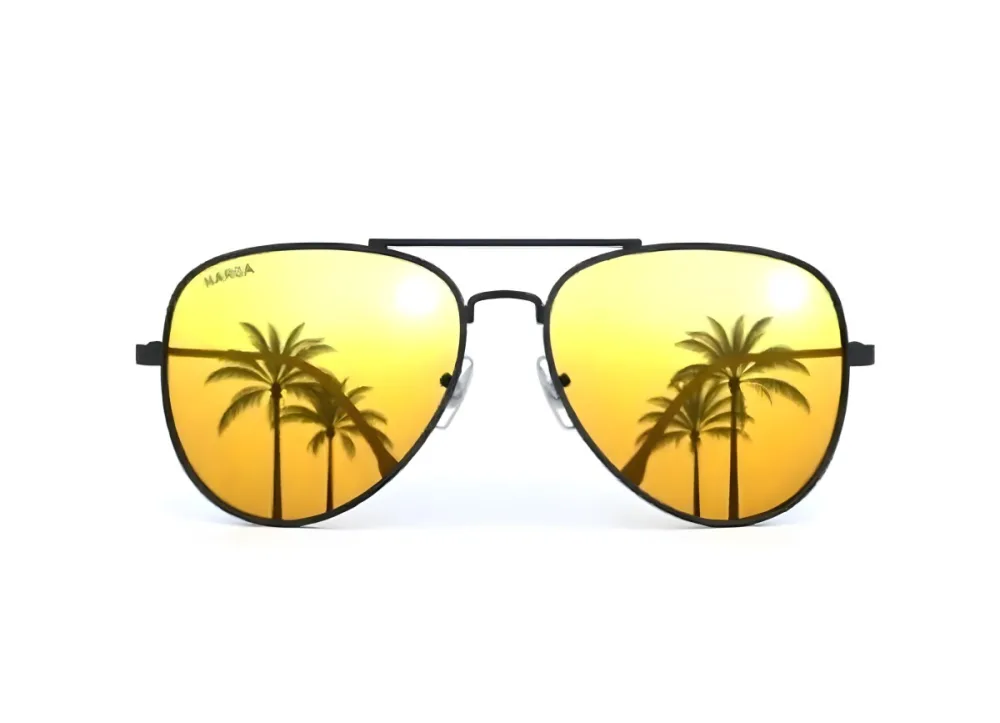 Aviator Sunglasses With Black Frame And Yellow Lenses Reflecting Palm Trees On A Yellow Background 16 D646